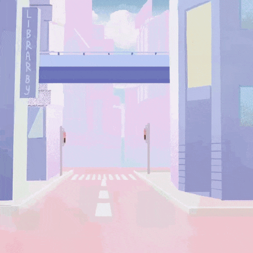 a cartoon character holding a pink suitcase in front of a sign that says library