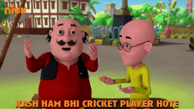 two cartoon characters are standing next to each other and the words kash ham bhi cricket player hote are above them
