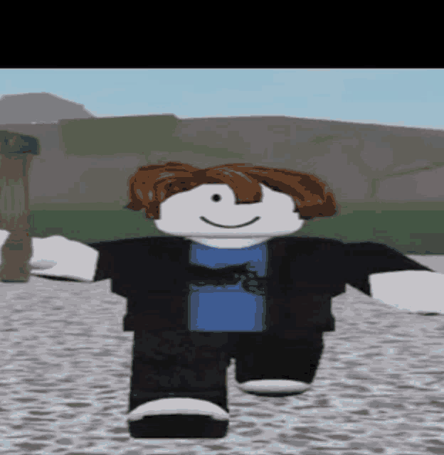 a roblox character wearing a blue shirt and a black jacket is walking down a gravel road .