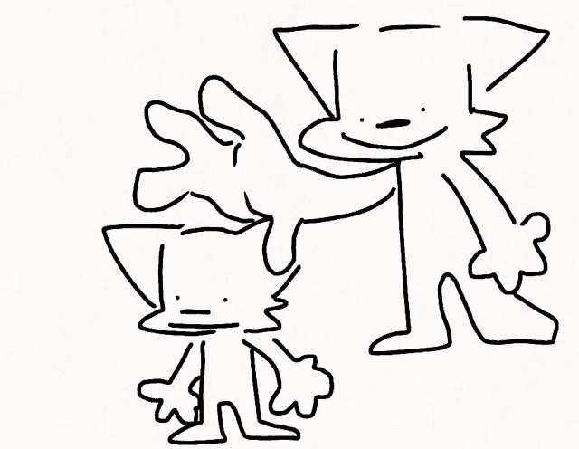 a black and white drawing of a cat and a man with glasses .