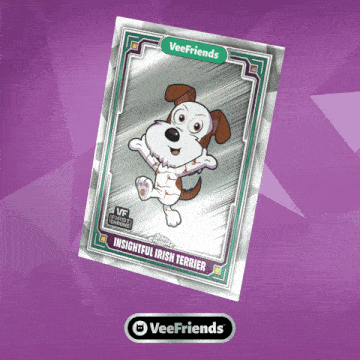 a veefriends insightful irish terrier card is displayed on a purple background