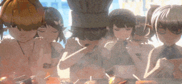 a group of anime characters are eating food together .