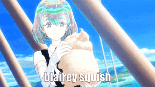 a picture of a girl holding a stuffed animal with the words blairey squish below her