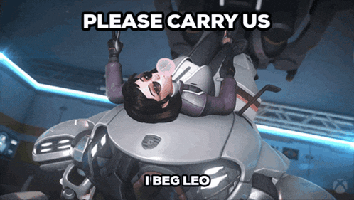 a video game character laying on top of a car with the caption please carry us
