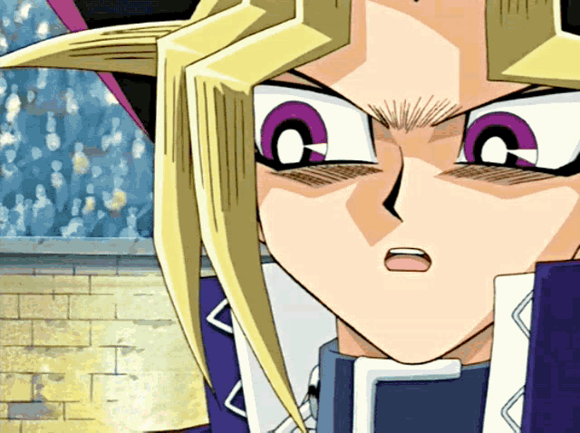 a close up of a person 's face with purple eyes