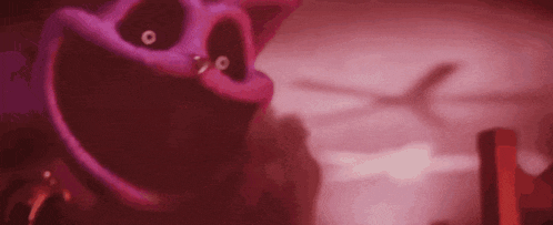 a purple monster with a big mouth is standing in a dark room with a helicopter in the background .