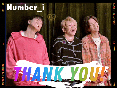 a group of young men standing next to each other with the words thank you written in the middle