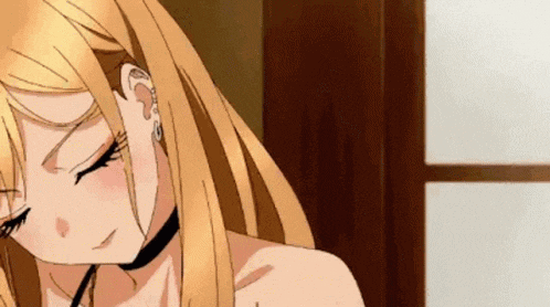 a close up of a blonde anime girl with her eyes closed and a choker on her neck .