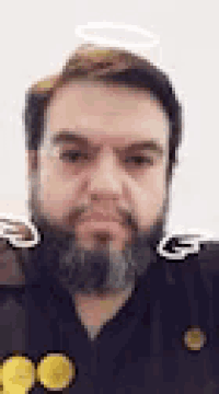 a man with a beard and a halo on his head is looking at the camera .