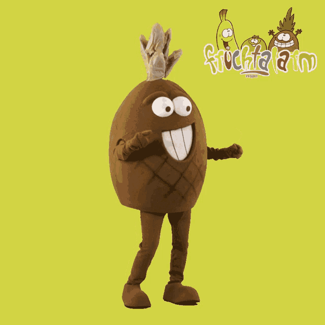 a pineapple mascot is standing in front of a yellow background that says fruta a rin