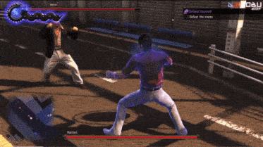 a video game screen shows a man fighting another man with the words defend yourself on the bottom