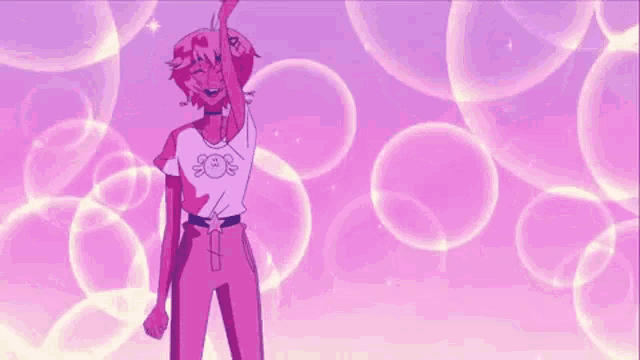 a pink anime character is dancing in front of a pink background .