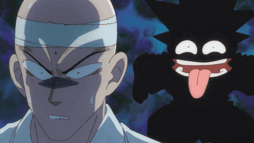 a bald man with a bandage on his head stands next to a cartoon character with a tongue sticking out