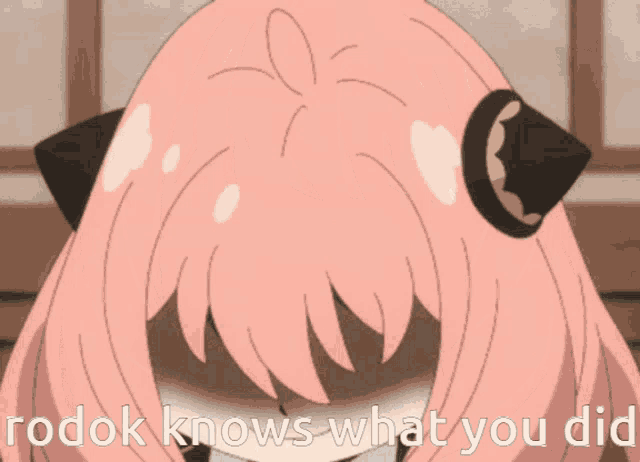 a cartoon character with pink hair and the words rodok knows what you did