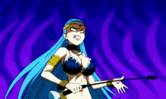 a woman with long blue hair is holding a whip in her hand