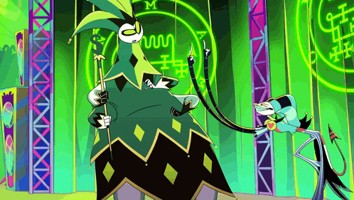 two cartoon characters are standing next to each other in front of a neon sign that says m on it