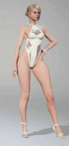 a woman in a white bodysuit and high heels is standing on a white surface