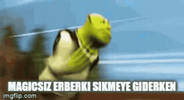 shrek from shrek is running with the words magicsiz erberki sikmeye giderken