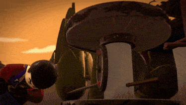 a cartoon character is standing next to a mushroom with a sword in it