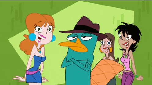 a group of cartoon characters including perry the platypus and two women