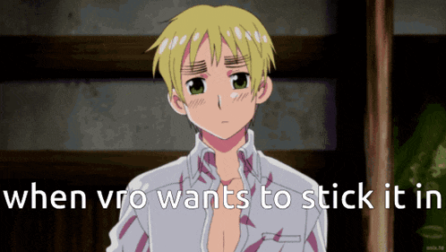a picture of a boy with the words when vro wants to stick it in