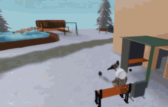 a computer generated image of a snowy area with a blue object in the middle