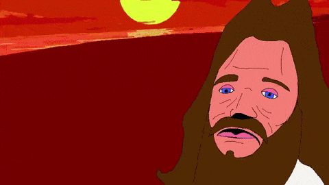 a cartoon drawing of jesus with a beard and a sunset in the background