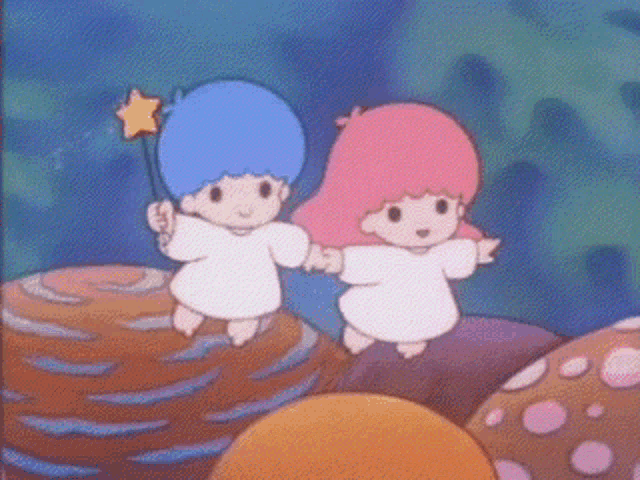 a blue haired boy and a pink haired girl are standing on a mushroom holding hands