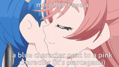 a blue character next to a pink character is being kissed