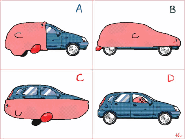 four drawings of cars with the letters a b c and d written on them