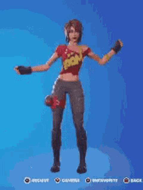 a woman is dancing in front of a blue background in a video game .