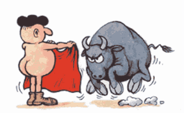 a cartoon of a man and a bull with a red cape