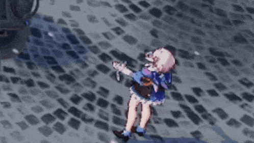 a girl in a blue dress is standing on a cobblestone street holding a sword .