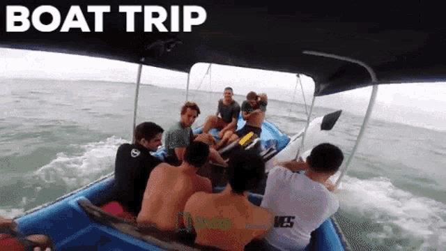 a group of people on a boat that says boat trip on the top