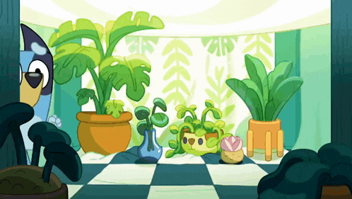 a cartoon drawing of a room with potted plants and a bird