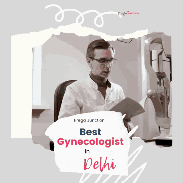 a poster for the best gynecologist in delhi shows a man sitting in front of a computer