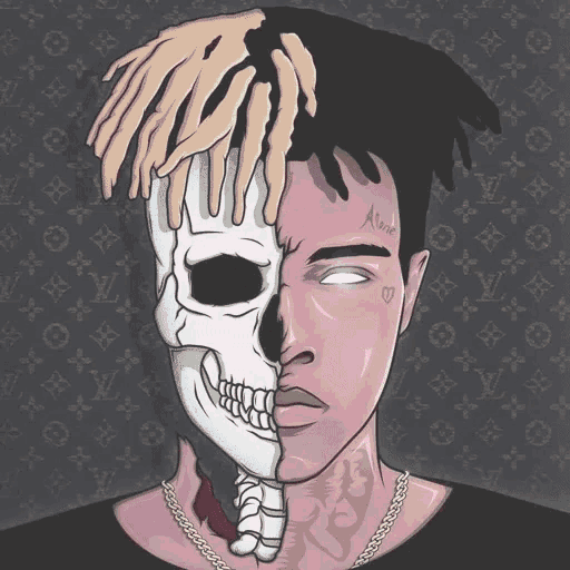 a drawing of a man with half a skull and half a face