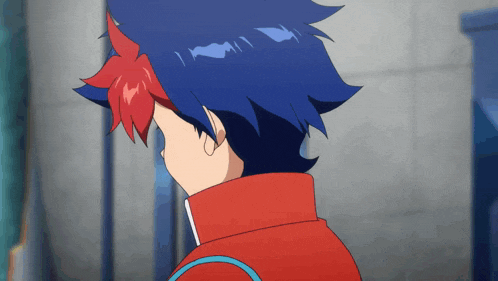 a blue haired anime character with a red jacket on