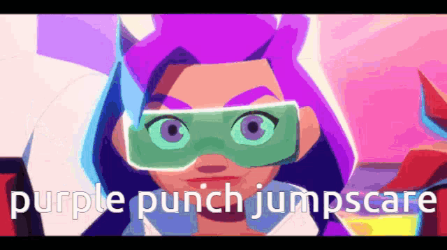 purple punch jumpscare is written on a cartoon character