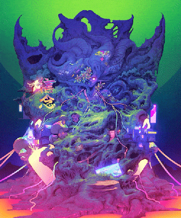 a pixel art painting of a purple and green monster with a green background