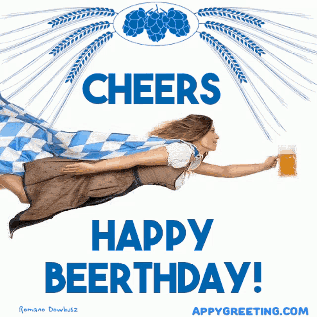 a cheers happy beerthday greeting card with a woman flying through the air holding a beer