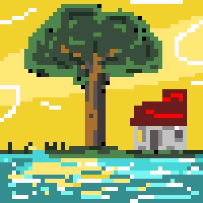 a pixel art of a house and a tree in the water