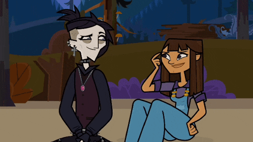 a couple of cartoon characters are sitting next to each other and laughing