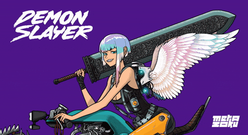 a demon slayer poster with a woman on a motorcycle
