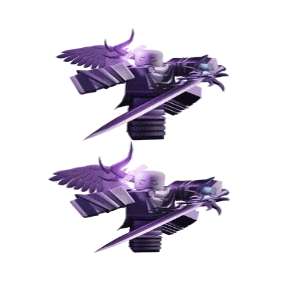 a purple robot with wings and horns is flying in a circle .