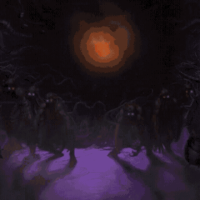 a group of zombies with green eyes are walking in a dark room .