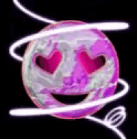 a purple planet with hearts in its eyes is surrounded by white lines .