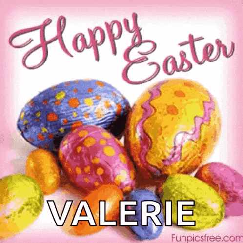 a happy easter card for valerie with easter eggs on a pink background
