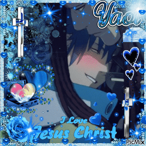 a picture of jesus christ with blue hearts and roses
