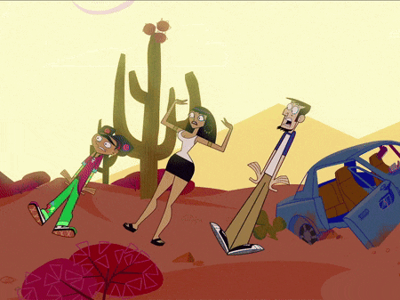 a cartoon of a man a woman and a boy standing next to a cactus and a car
